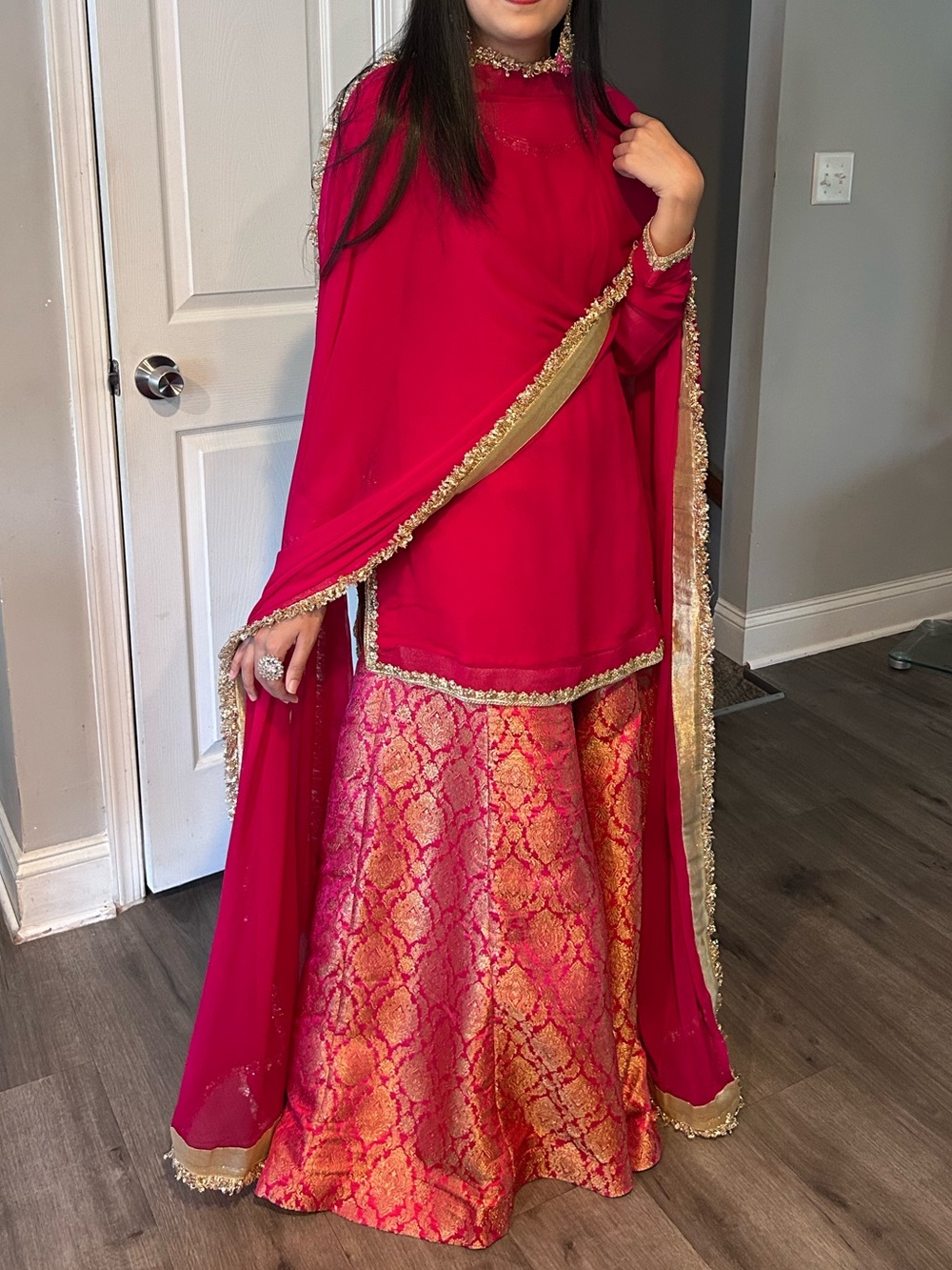 Pakistani Women's Pink and Gold Embroidered Sharara and Kameez